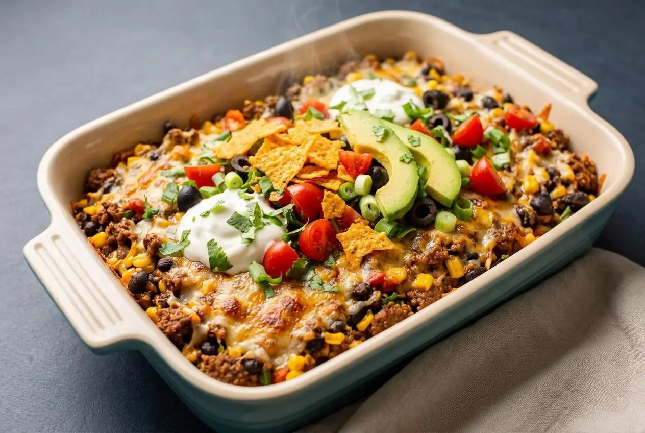 Baked taco casserole in a baking dish featuring melted golden cheese, crisp tortilla chips, and seasoned ground beef.
