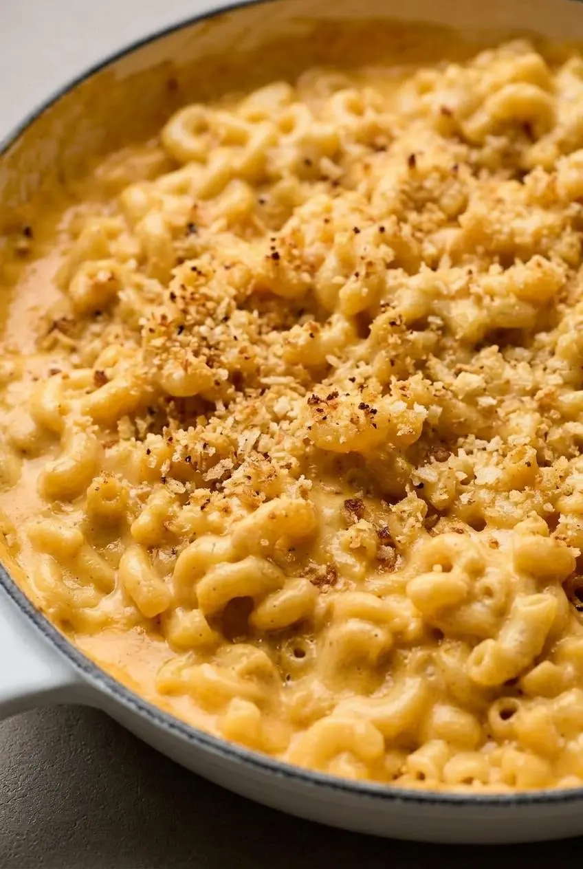 Close-up of golden toasted panko breadcrumbs and melted cheddar cheese over baked macaroni.