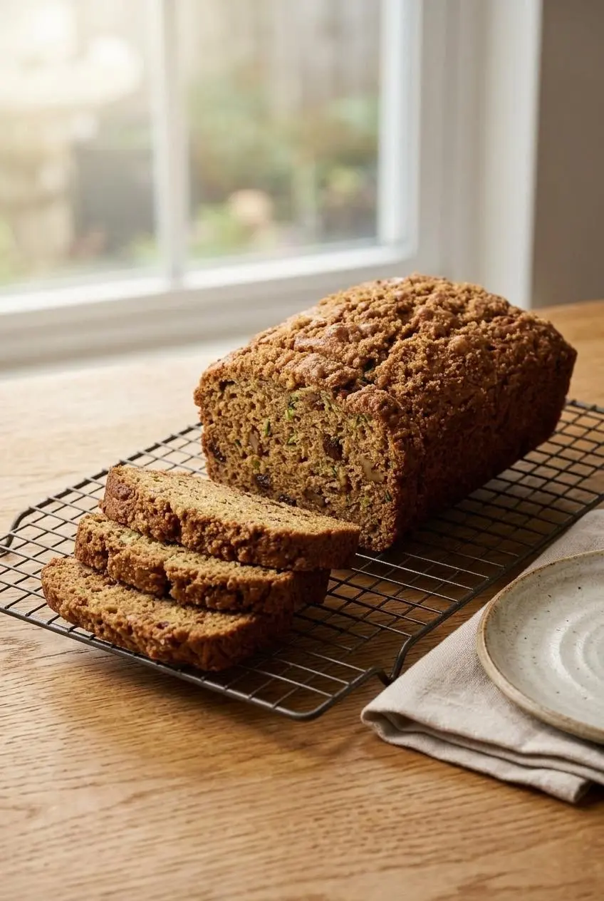 Freshly baked loaf of zucchini bread cooling on a wire rack on an oak kitchen table alongside thick slices.