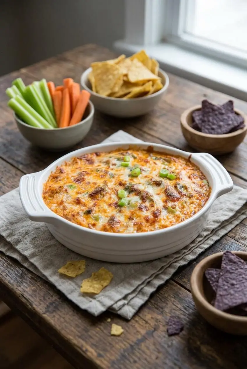 Freshly baked buffalo chicken dip in a ceramic pan on a wooden table with celery, carrots, and tortilla chips.