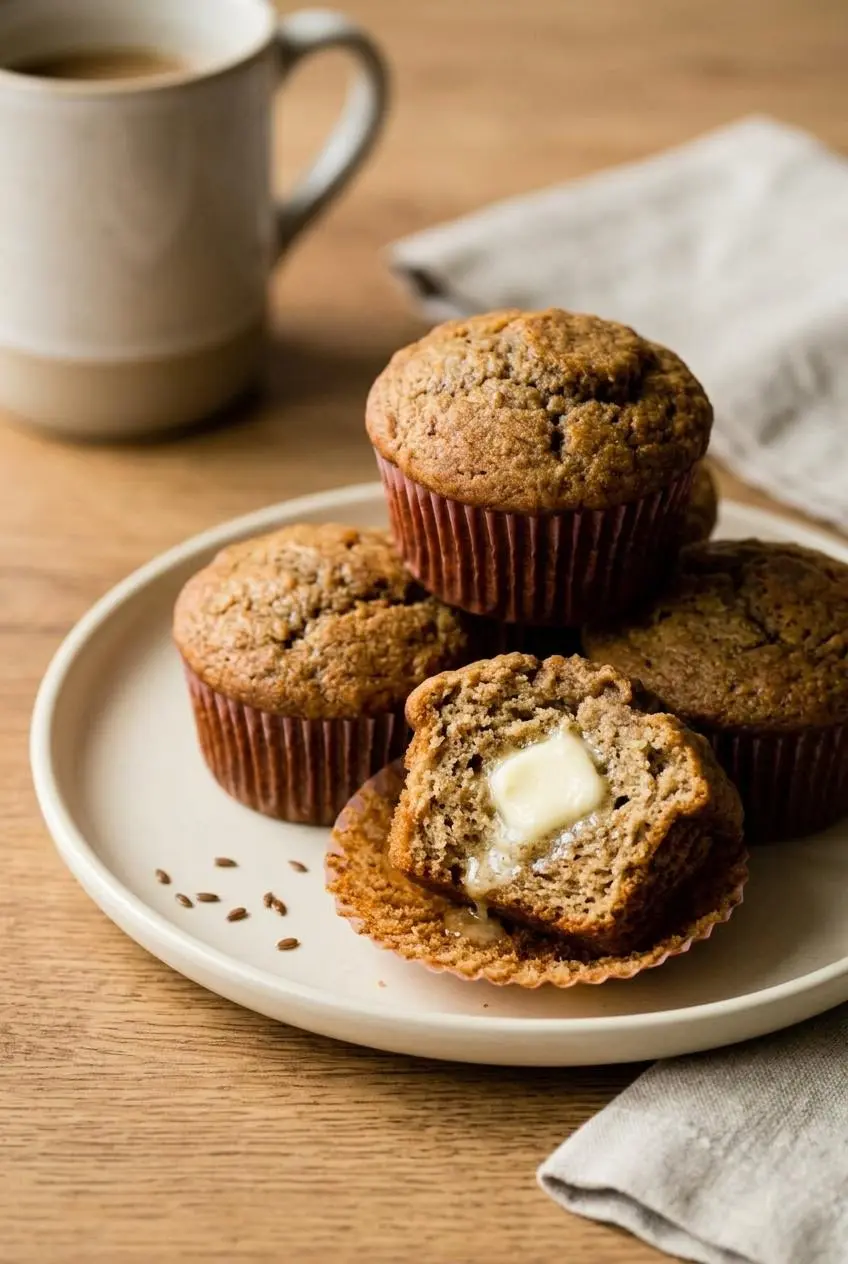 Warm banana muffin split open on a breakfast plate with melting salted butter