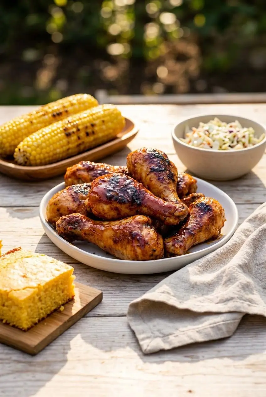 Platter of glazed bbq chicken drumsticks served outdoors with grilled corn, coleslaw, and skillet cornbread.
