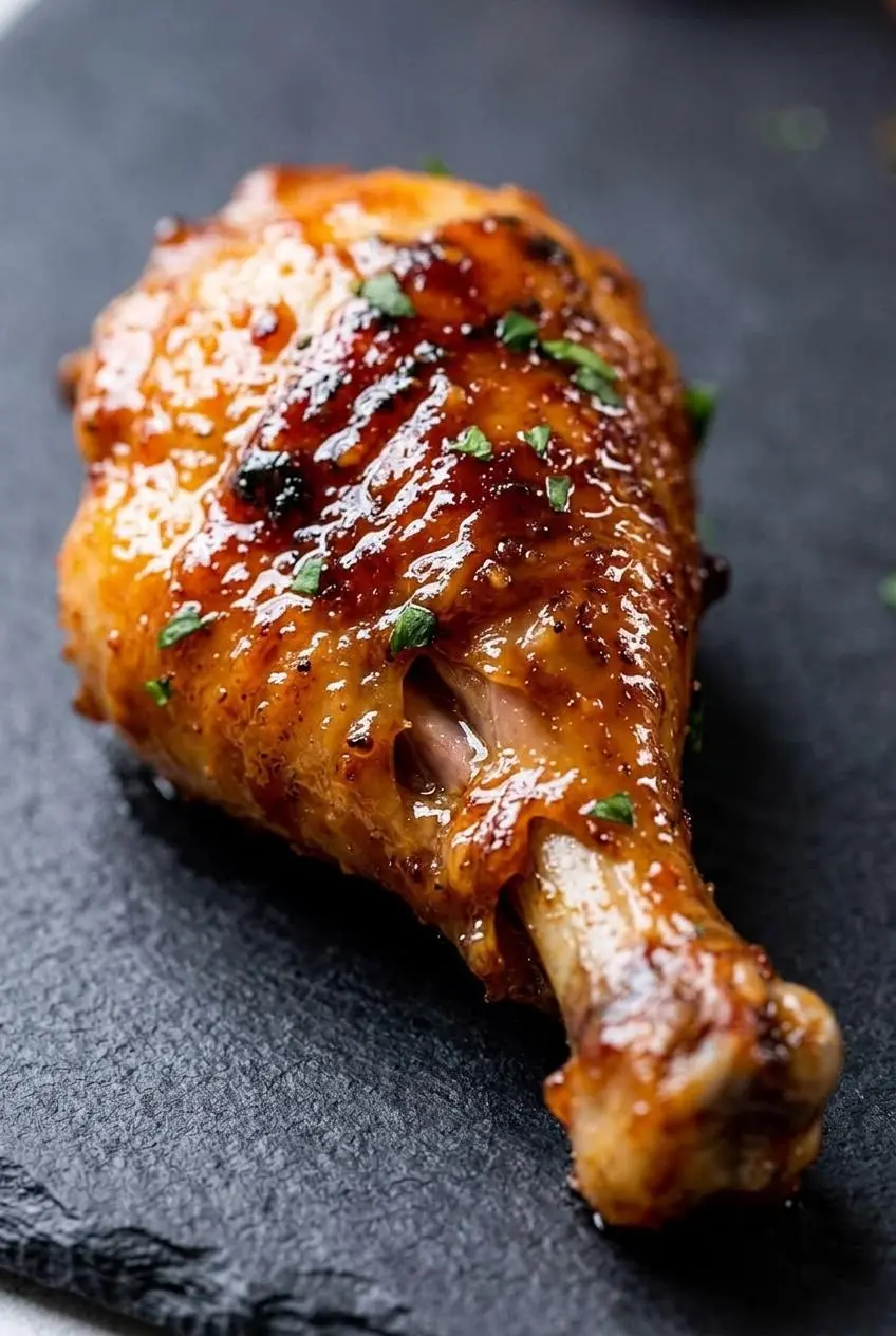 Close-up of bubbling sticky barbecue glaze and tender chicken pulling away from the drumstick bone.