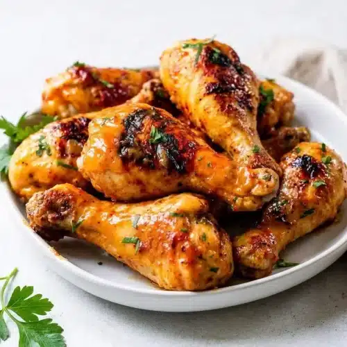 Tender grilled drumsticks coated in a glossy mahogany glaze for this easy bbq chicken recipe.