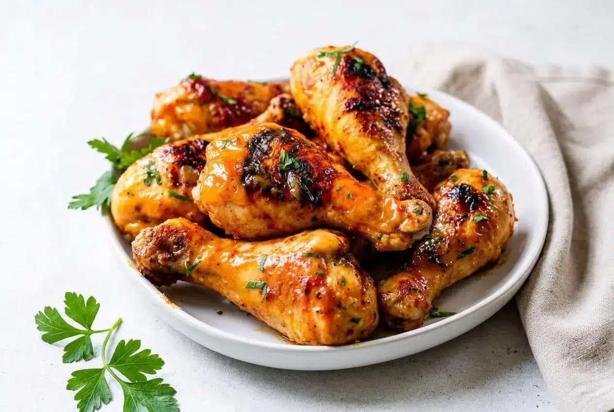 Tender grilled drumsticks coated in a glossy mahogany glaze for this easy bbq chicken recipe.