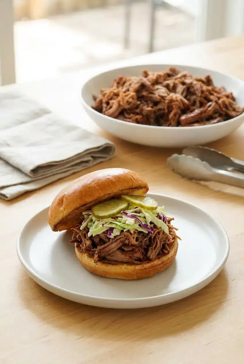 Barbecue pulled pork sandwich on a toasted brioche bun topped with creamy coleslaw and sliced pickles.