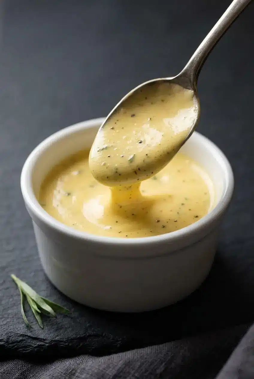 Warm creamy bearnaise sauce coating the back of a silver spoon to show a smooth, velvety emulsion.