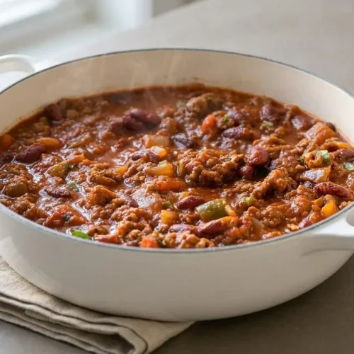 Beef and Bean Chili in a ceramic bowl with tender beef crumbles and a glossy, rich tomato sauce.