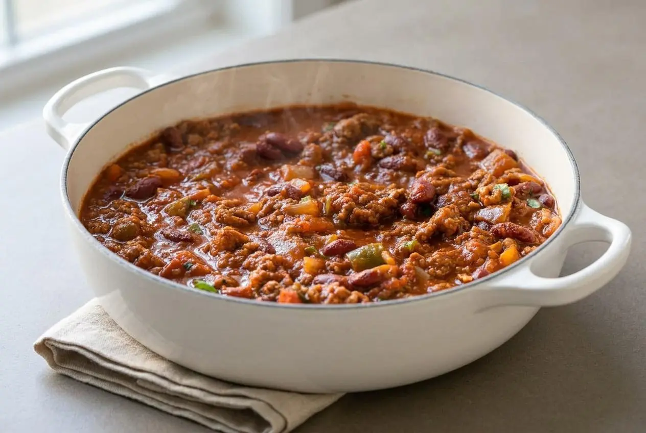 Beef and Bean Chili in a ceramic bowl with tender beef crumbles and a glossy, rich tomato sauce.