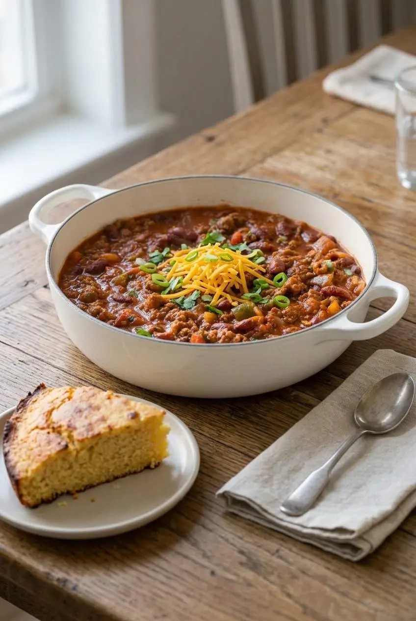 Beef and bean chili topped with shredded cheddar and green onions beside a slice of golden cornbread.
