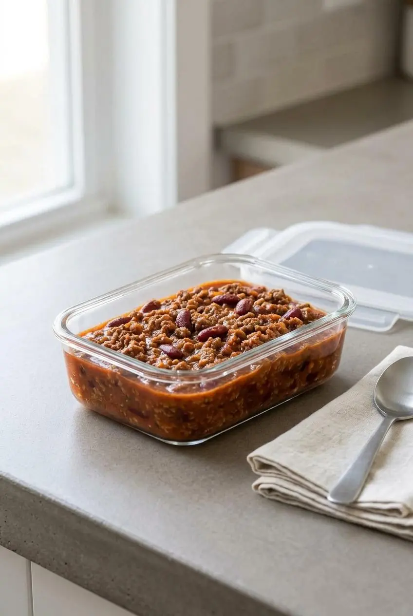 Cooled beef and bean chili portioned into a clear glass airtight meal prep container.