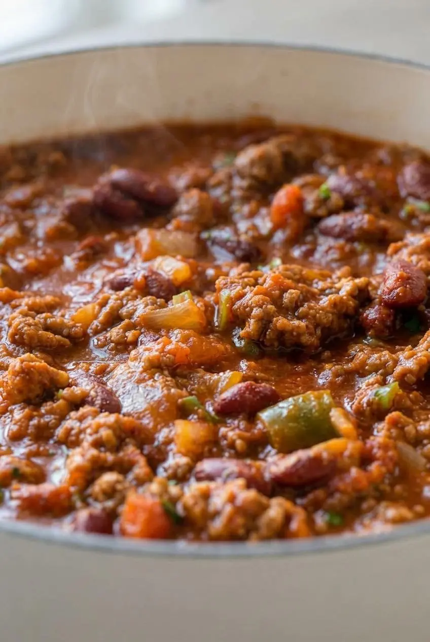 Close-up macro of thick chili texture showing tender ground beef crumbles and glossy red kidney beans.