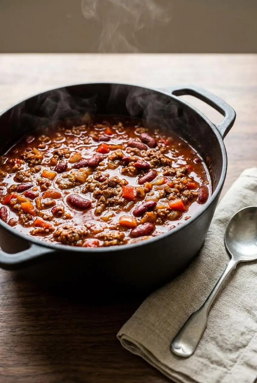 Simmering Dutch oven of beef and kidney bean chili prepared with homemade chili seasoning.