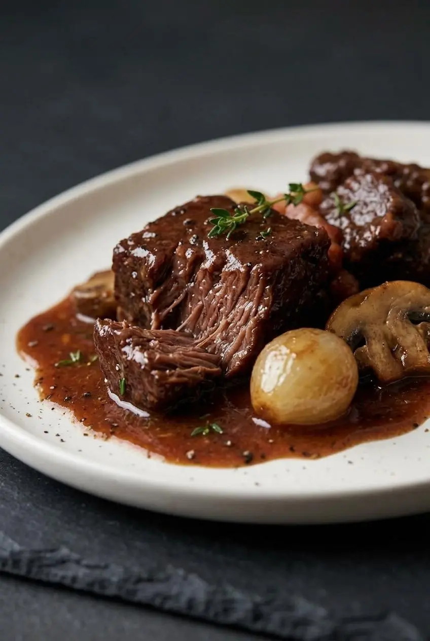 Close-up of a fork-tender beef chuck cube breaking apart in a rich mahogany red wine glaze with thyme.