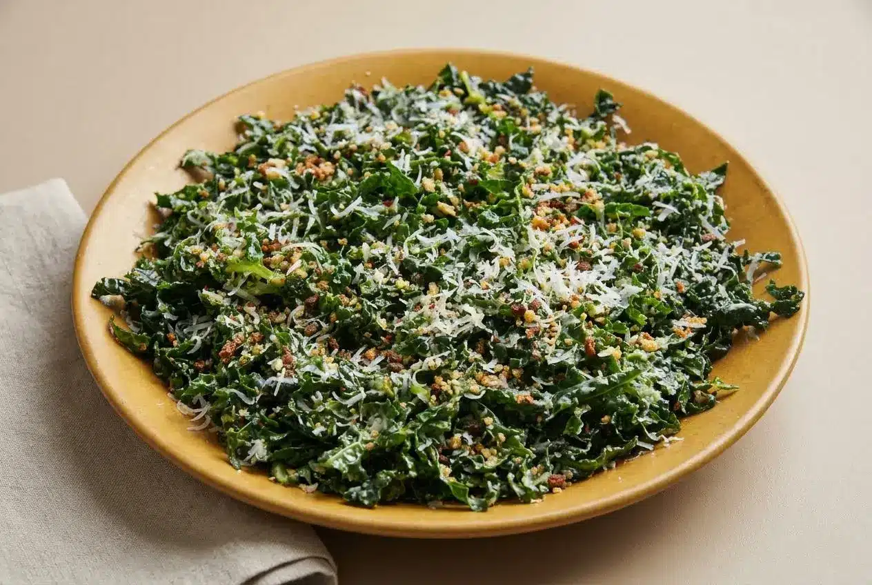 Tender kale salad recipe tossed with lemon garlic dressing, grated Pecorino Romano, and crunchy breadcrumbs.