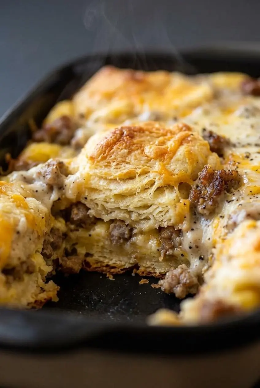 Cross section of baked biscuit casserole showing fully cooked, flaky crumb and sausage.