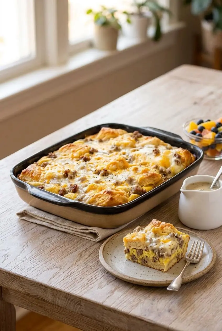 Plated slice of biscuit and gravy casserole served alongside a fresh citrus fruit salad.