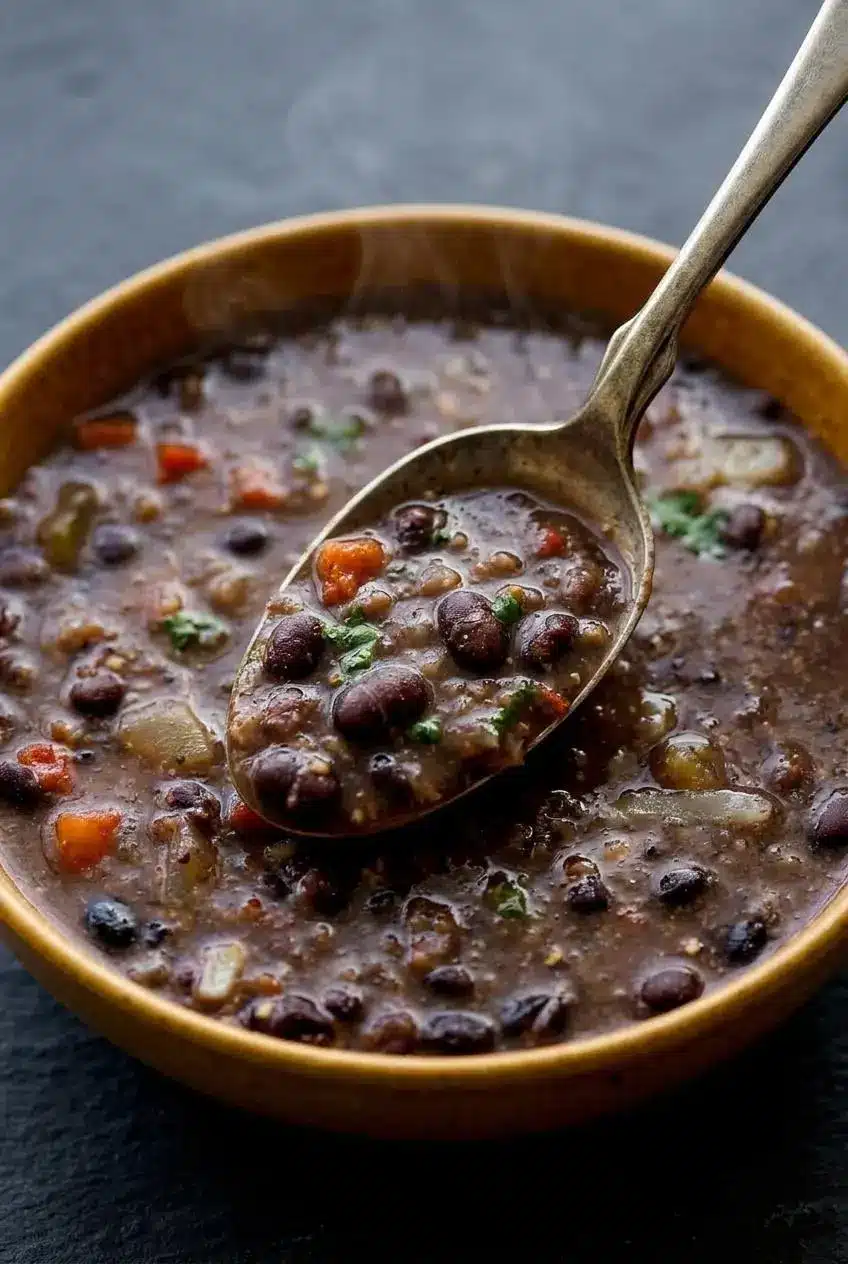 Spoon lifting velvety black bean soup showing tender whole beans and rich, spoon-coating broth.