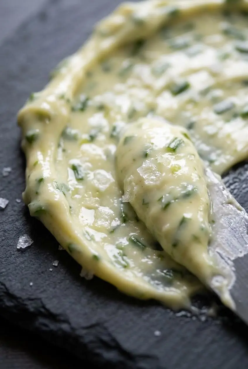 Macro view of smooth, pale green compound butter smeared on dark slate, showing fine flecks of chopped garlic scapes.