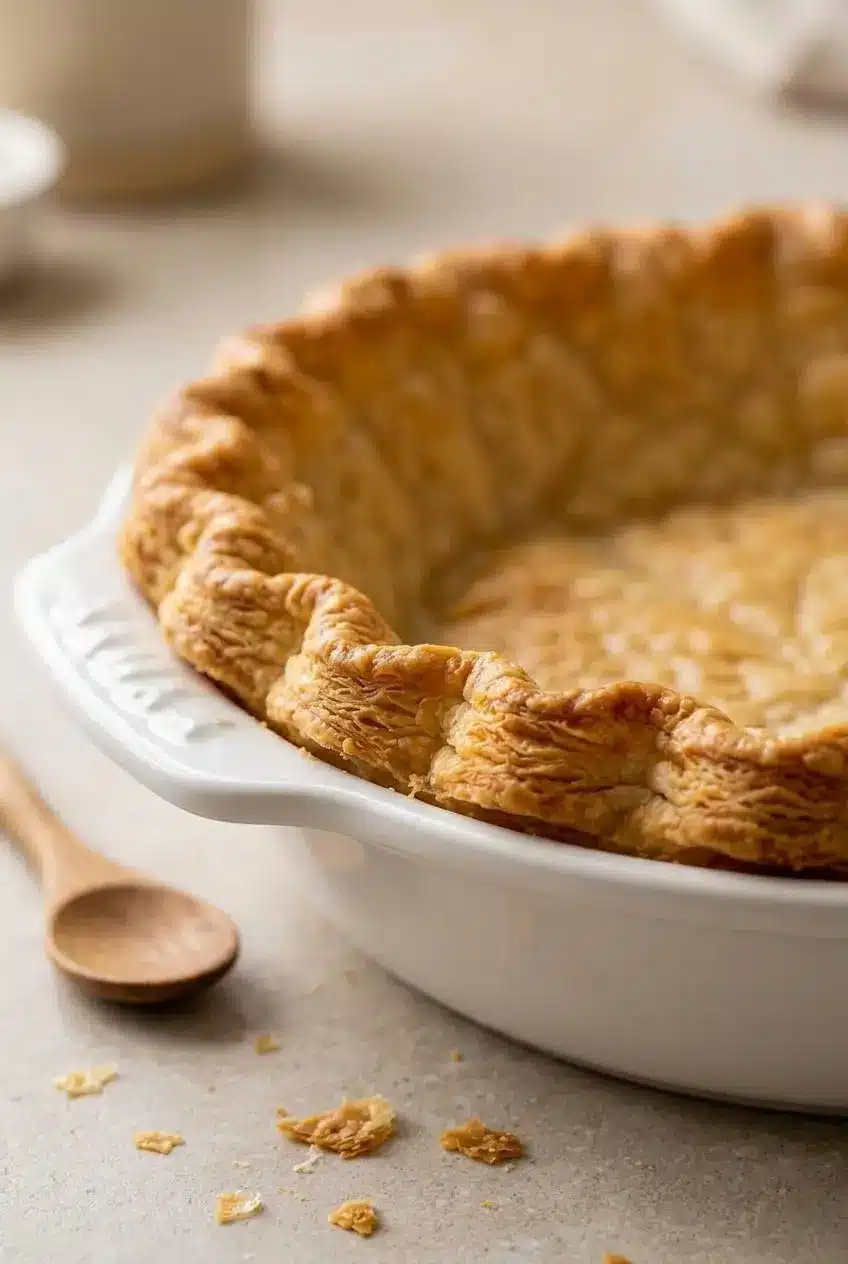 Close-up of a blind-baked golden pie crust shell showing flaky blistered pastry layers and fluted rim.