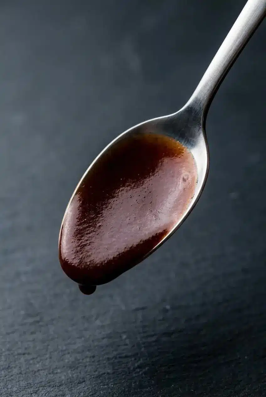 Glossy bordelaise sauce coating the back of a stainless steel spoon to demonstrate nappe texture.