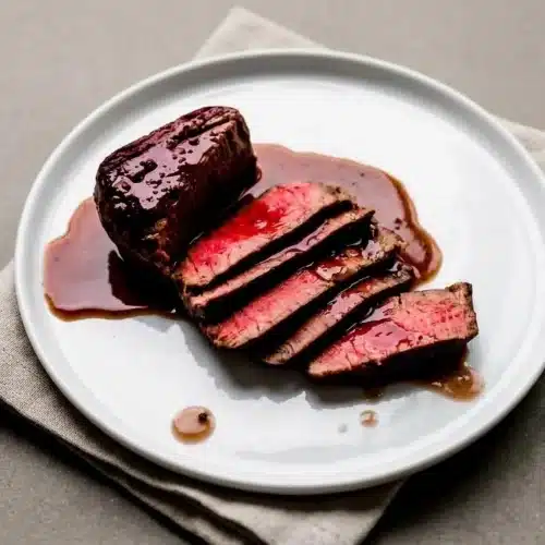 Glossy bordelaise sauce recipe with rich red wine reduction finished with butter in a gravy boat.