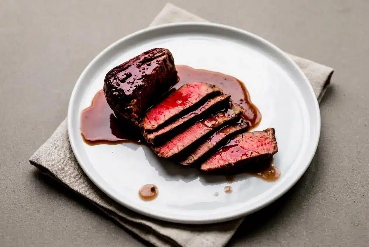 Glossy bordelaise sauce recipe with rich red wine reduction finished with butter in a gravy boat.