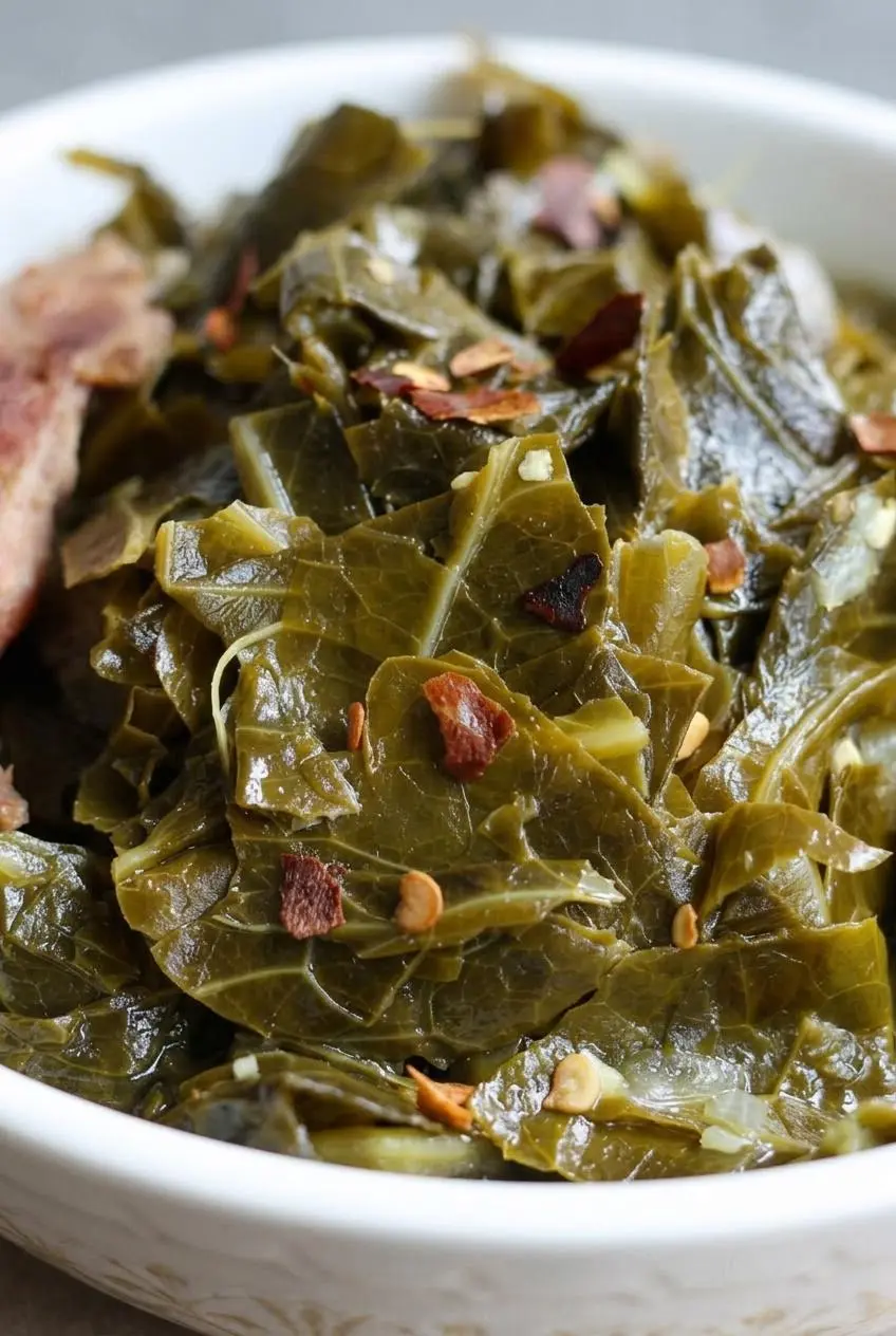 Close-up of silky, deep forest-green braised collard greens glistening in savory pot likker with red pepper flakes.