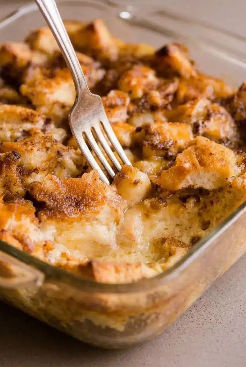 Fork gently testing the spring-back doneness of a golden-baked bread pudding custard center.