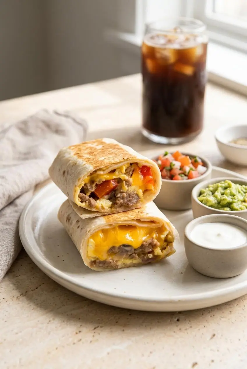Stacked breakfast burritos served with pico de gallo, guacamole, Mexican crema, and iced cold brew.