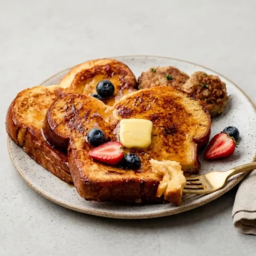 Golden brown brioche bread french toast with crisp buttery edges and a tender custardy center.