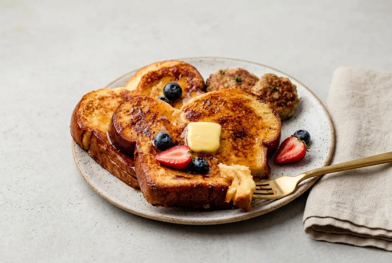 Golden brown brioche bread french toast with crisp buttery edges and a tender custardy center.