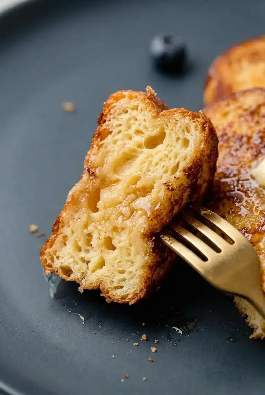 Cross section of thick brioche french toast cut open to show the soft custard interior and golden crust.