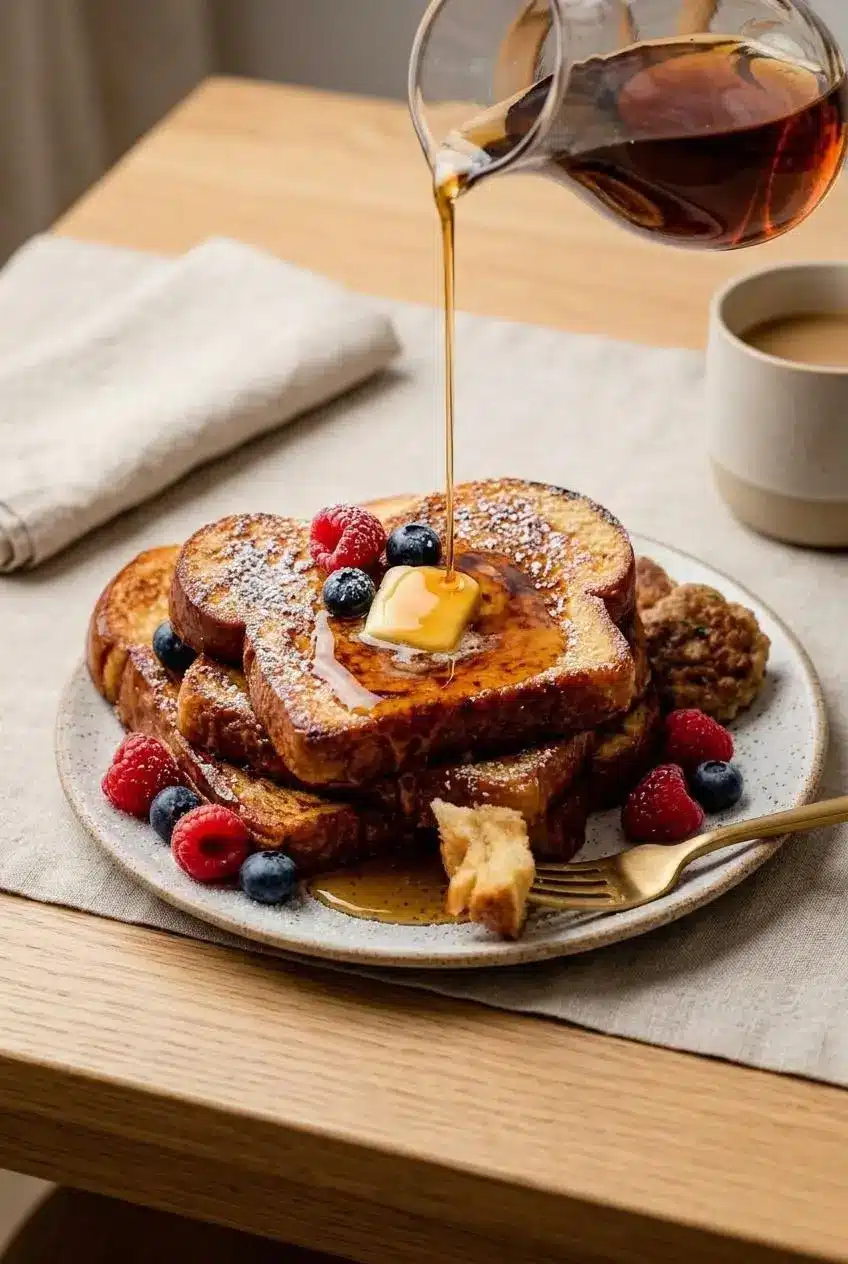 Stack of brioche french toast served with maple syrup, melting butter, fresh berries, and powdered sugar.
