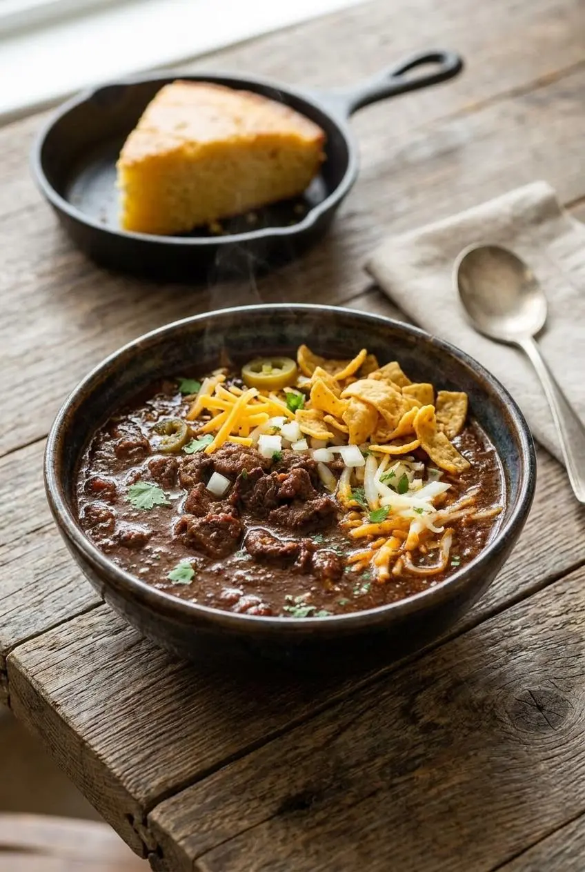 Bowl of brisket chili topped with grated cheddar, diced onion, Frito chips, and pickled jalapenos.