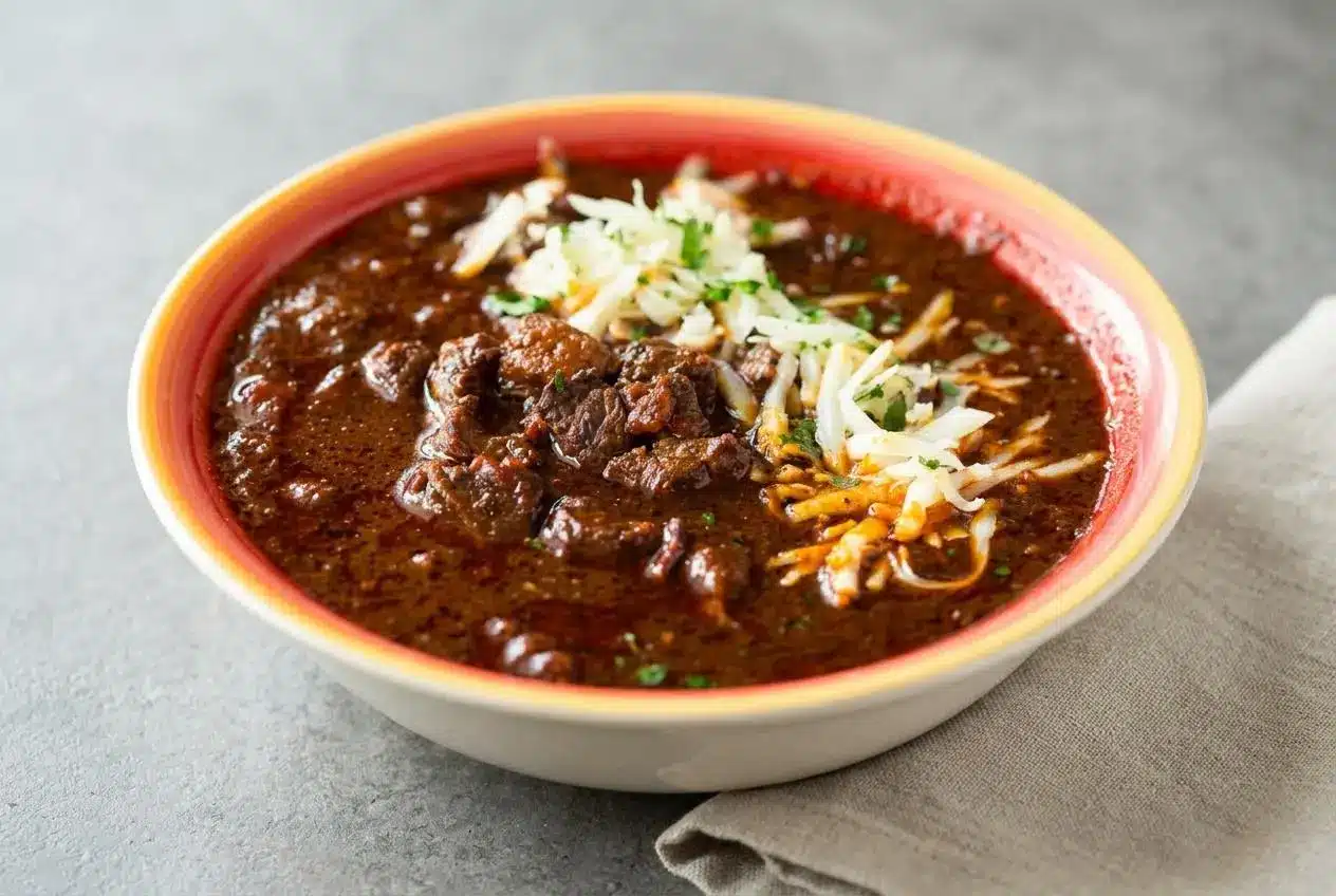 Brisket chili recipe served in a bowl with a rich mahogany sauce and tender beef cubes.