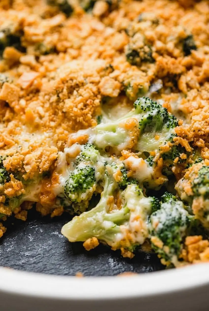 Close-up of bubbly cheddar cheese sauce over green broccoli florets with crisp golden cracker crumbs.