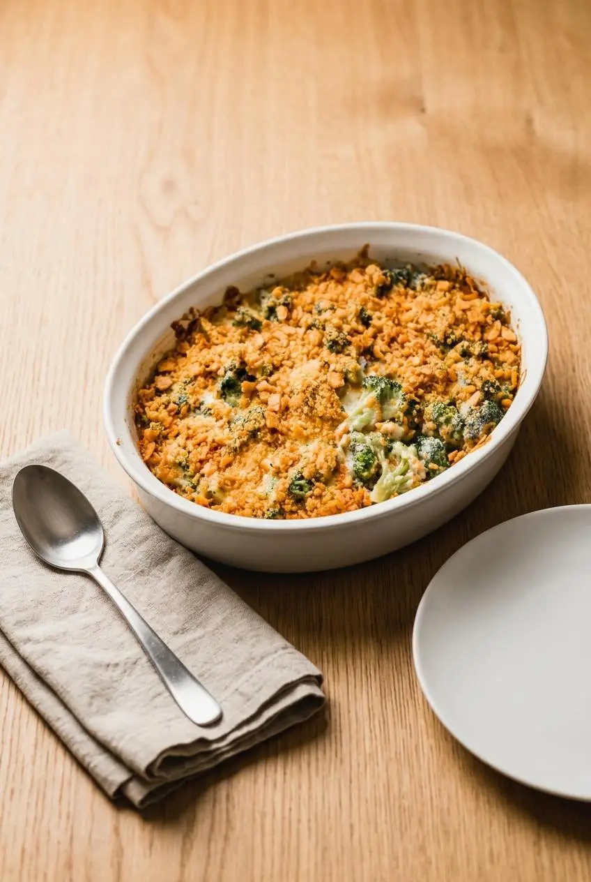 Broccoli cheese casserole in a ceramic baking dish on a wooden dinner table ready for serving.