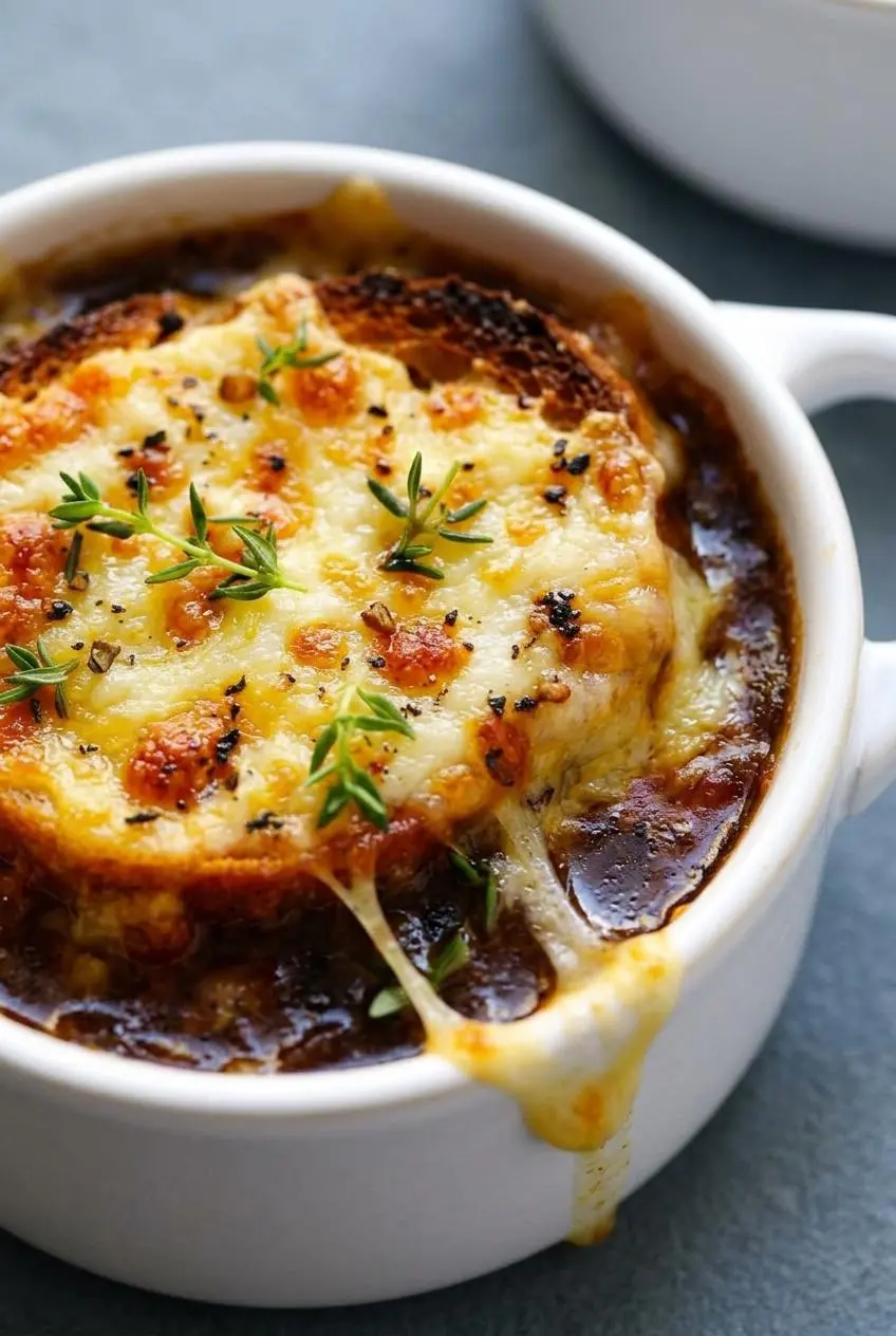 Golden brown broiled Gruyere cheese bubbling over crisp French bread in an oven-safe soup crock.