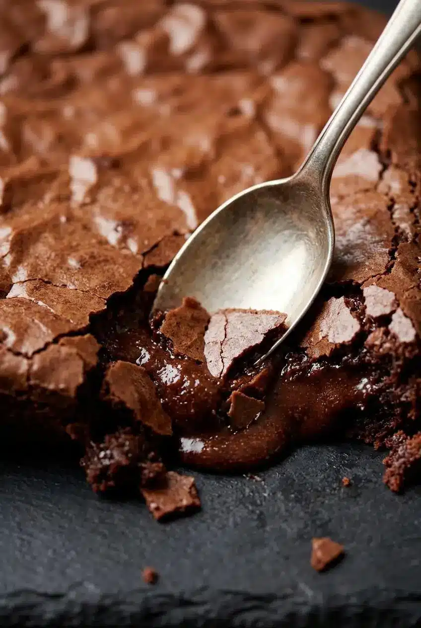 Silver spoon breaking through the delicate crackly crust of warm brownie pudding to show the gooey center.