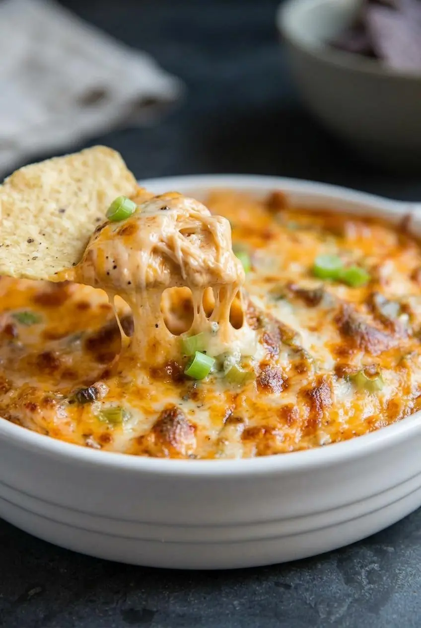 Close-up of a tortilla chip scooping thick, velvety buffalo chicken dip with a smooth cheese pull.
