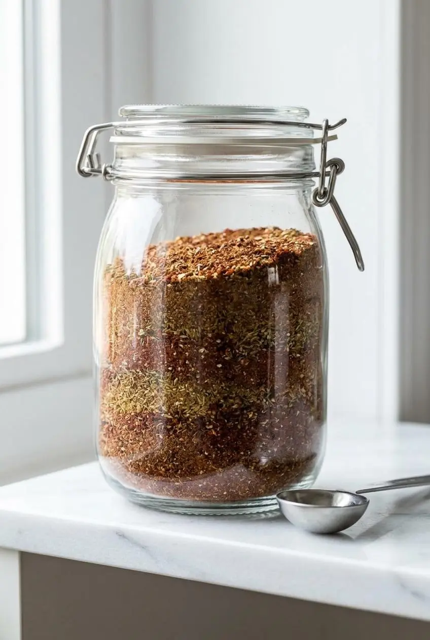 Airtight glass mason jar filled with bulk homemade chili seasoning on a pantry shelf.