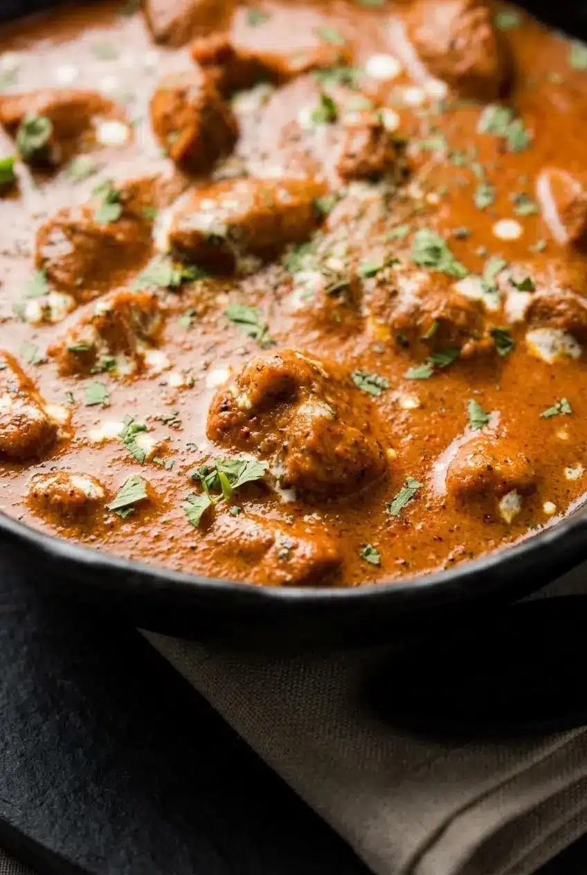 Close-up of velvety makhani sauce showing a smooth emulsion, melted butter droplets, and crushed kasuri methi.