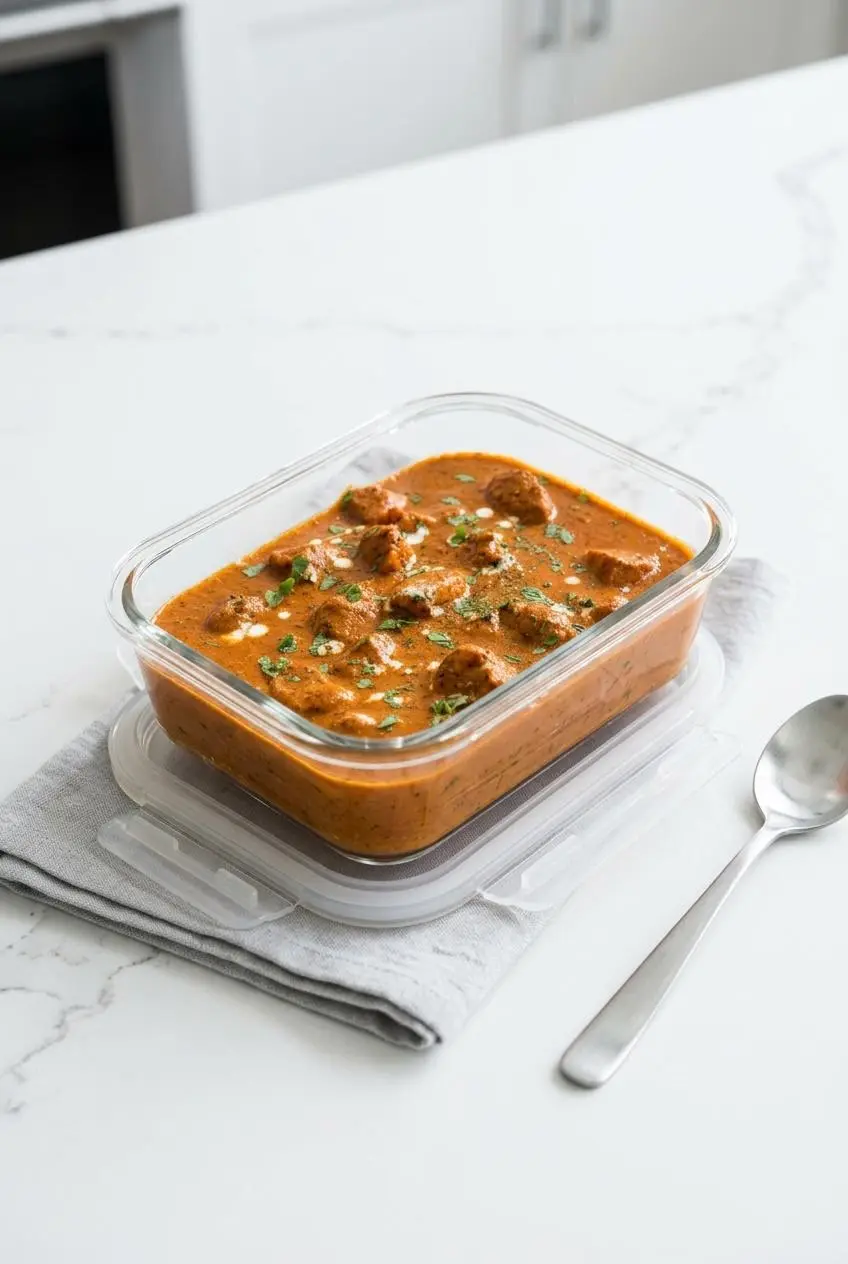 Glass meal prep container filled with rich butter chicken and seared chicken pieces ready for storage.
