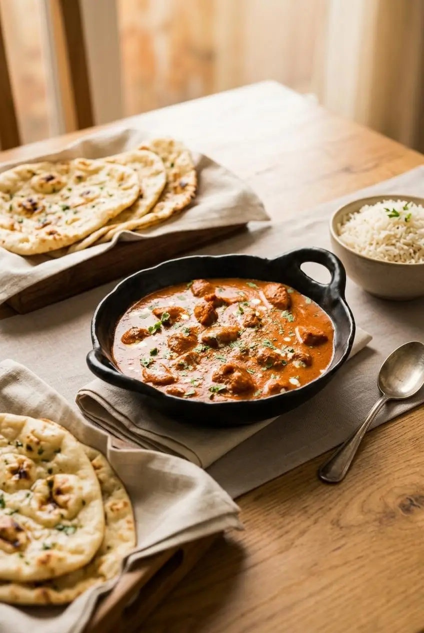 Butter chicken served alongside warm blistered garlic butter naan and steamed basmati rice on a dining table.