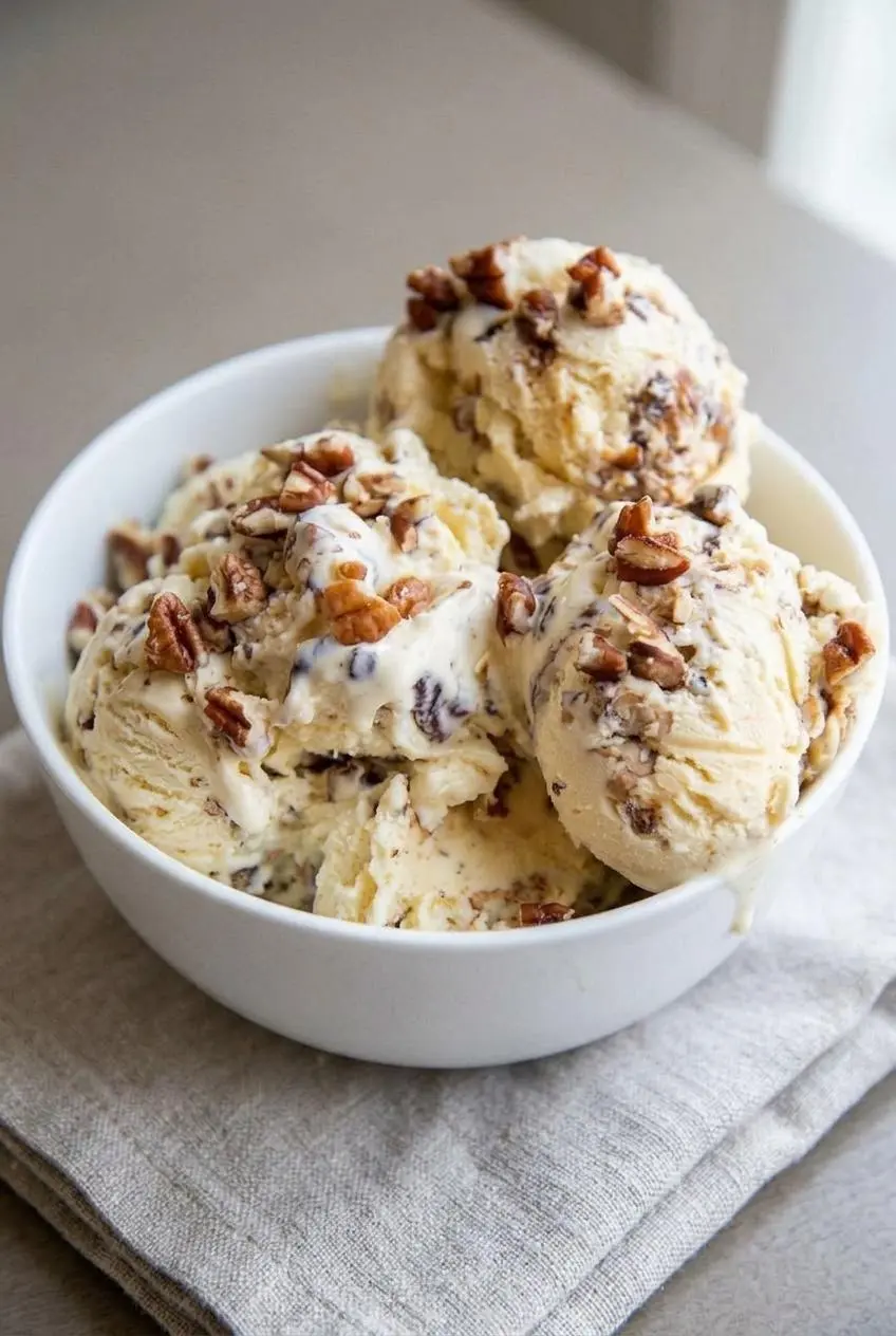 Close-up texture of creamy butter pecan ice cream showing smooth slow-melting custard and toasted nuts.
