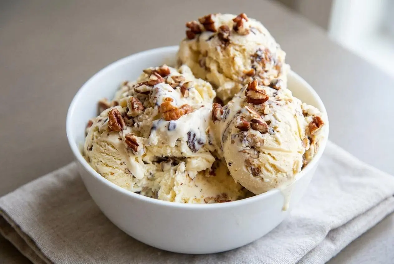 Rich homemade butter pecan ice cream scoop with velvety custard texture and toasted buttered pecans.