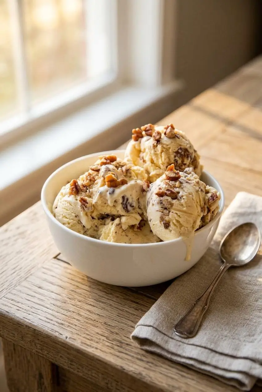 Two scoops of butter pecan ice cream in a ceramic dessert bowl topped with crunchy toasted pecans.