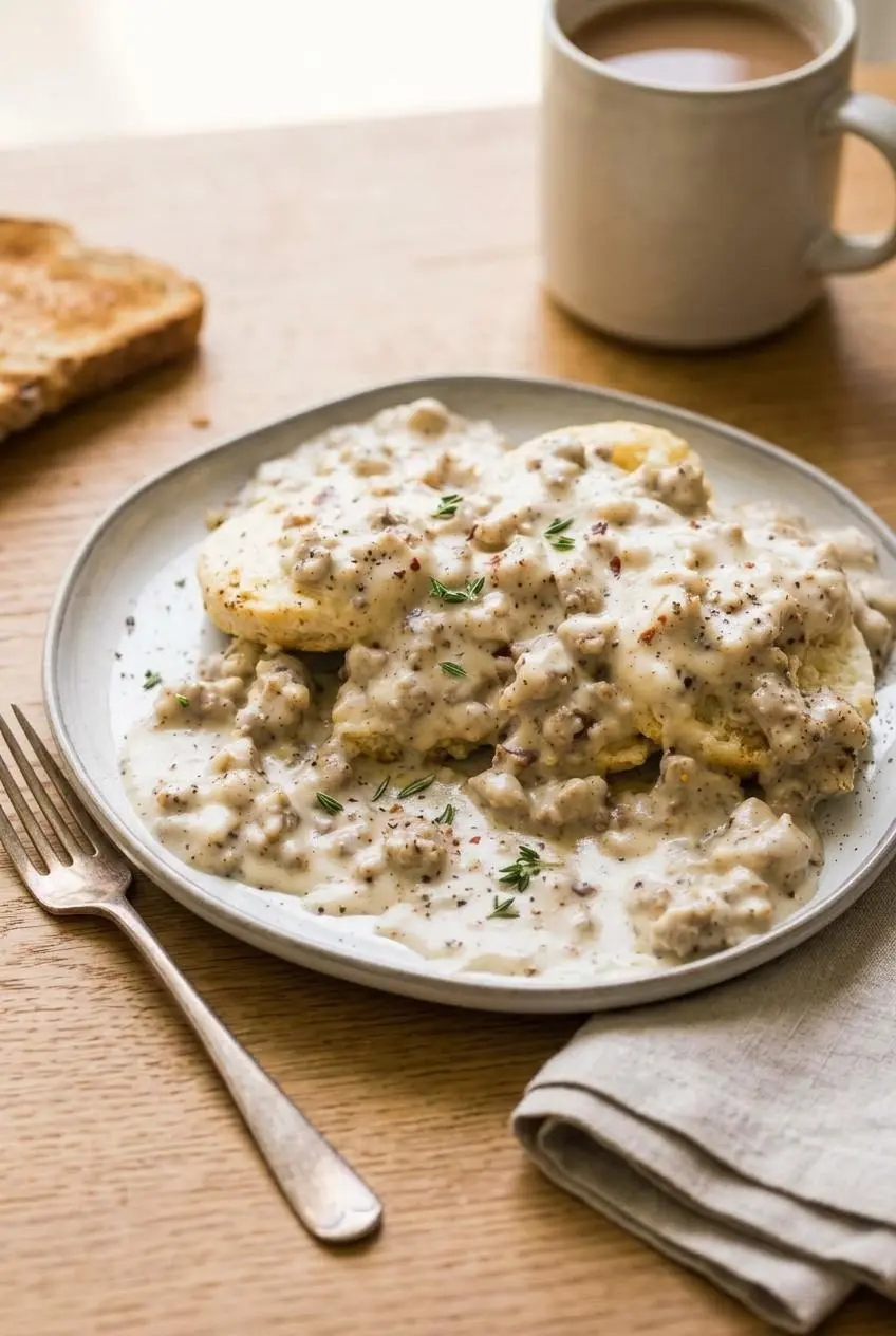 Freshly split golden buttermilk biscuits generously topped with bubbling hot pork sausage country gravy.