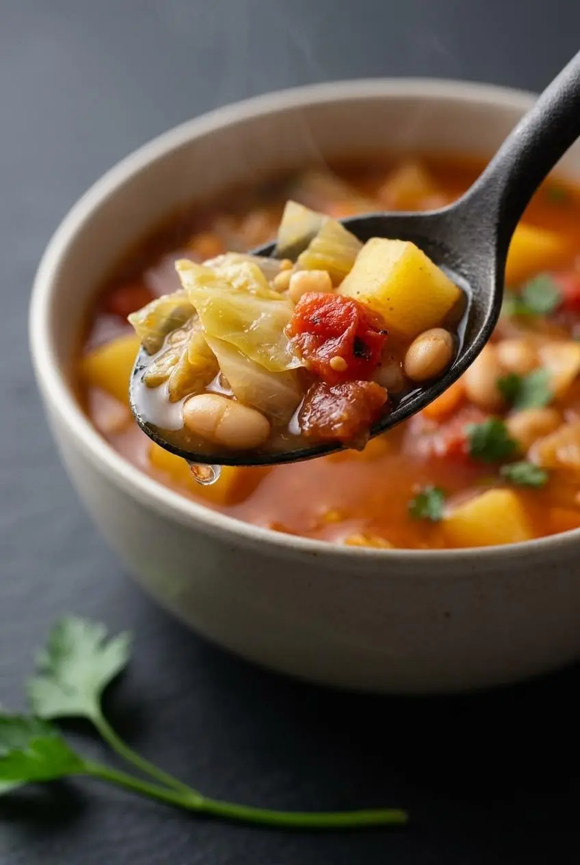 Close-up of a spoon lifting cabbage soup with translucent light green cabbage, tender potatoes, and white beans.